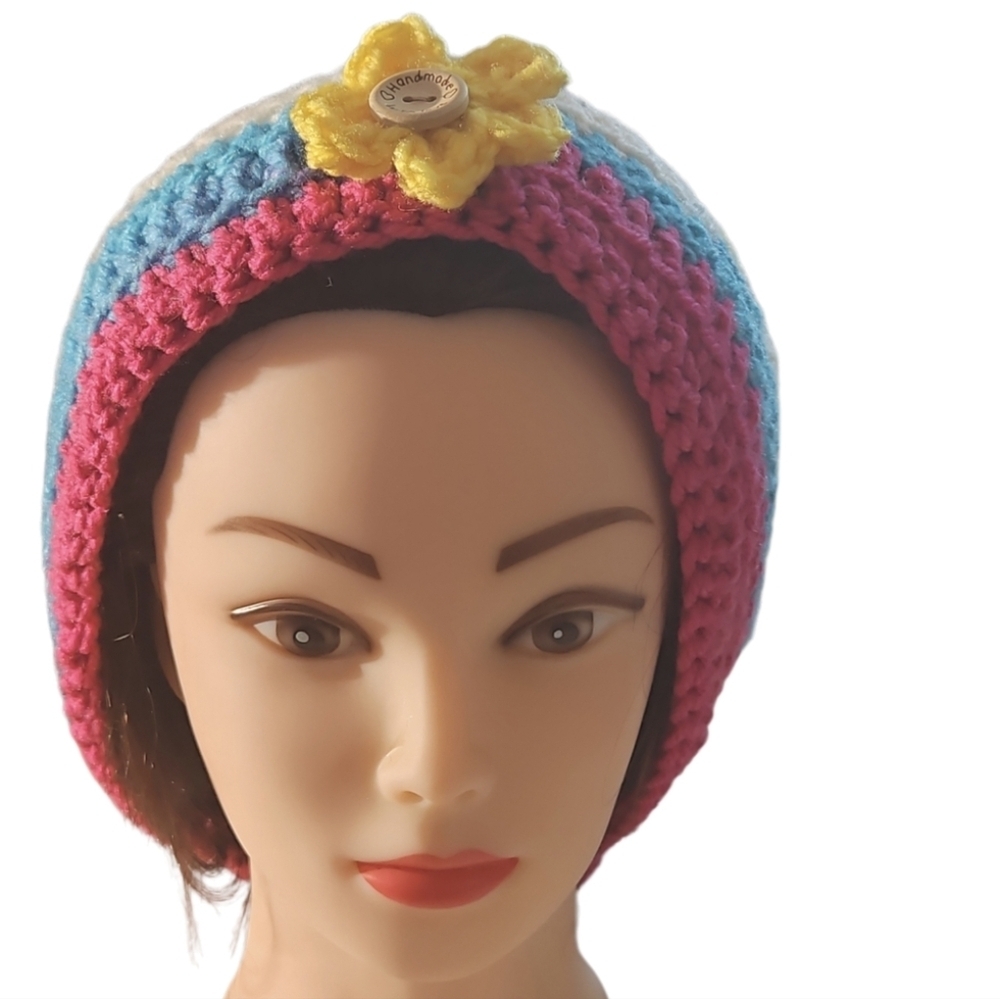 Hand Crafted Crochet Beanie Oversized Multicolored Pink pompom winter hat unique - Picture 6 of 17